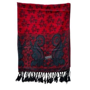 Red Blue Black Paisley Floral Print 100% Pashmina Wrap Scarf with Fringe